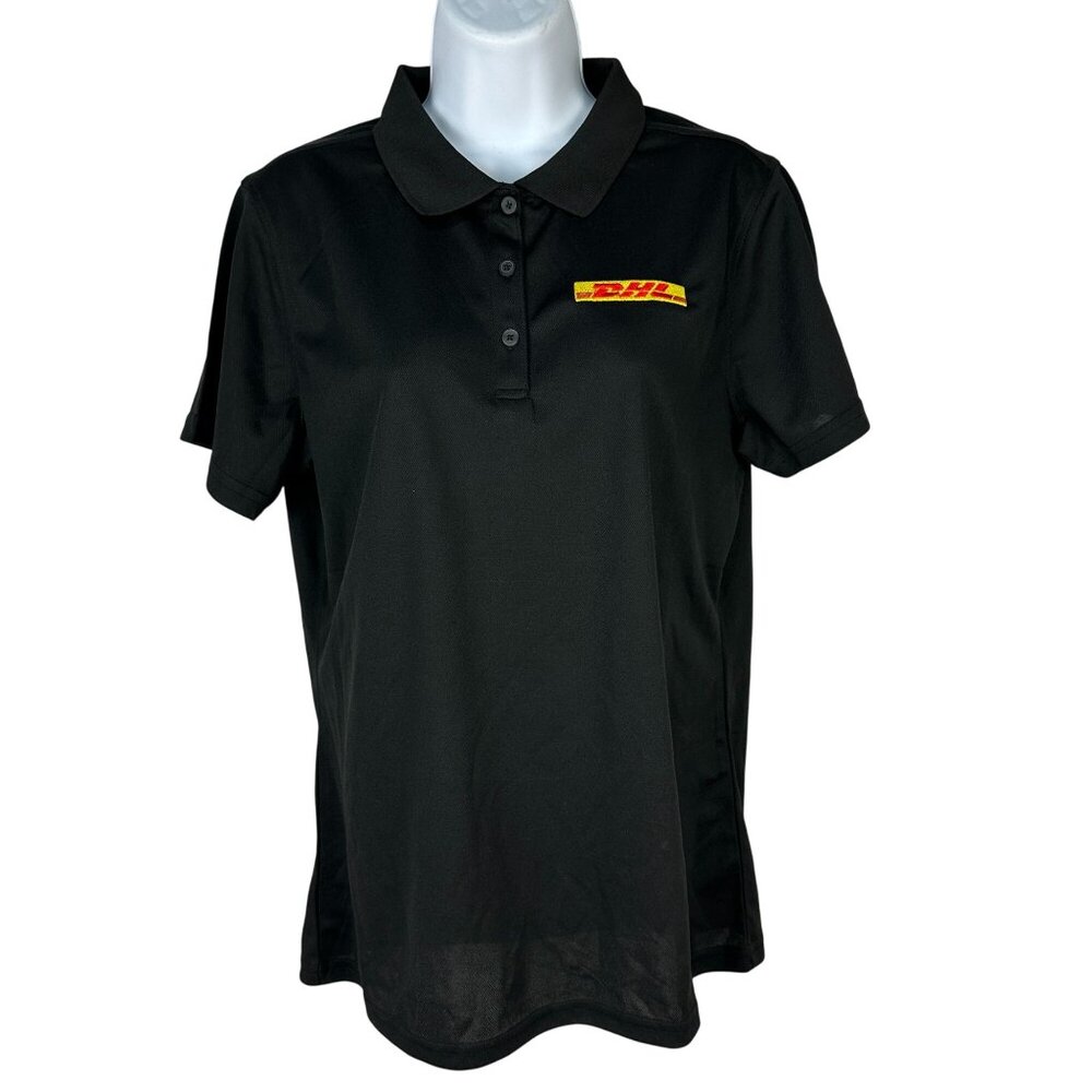 DHL Womens Black Polo Shirt By Clique L 100% Polyester Embroidered Logo